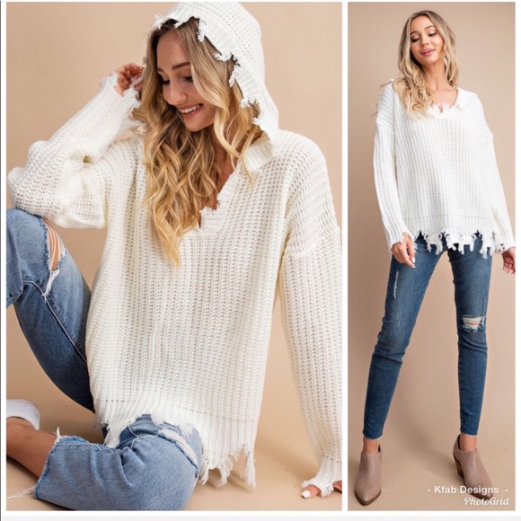 Ivory ML Chunky Knit Frayed Hem Hoodie Sweater - Picture 2 of 4